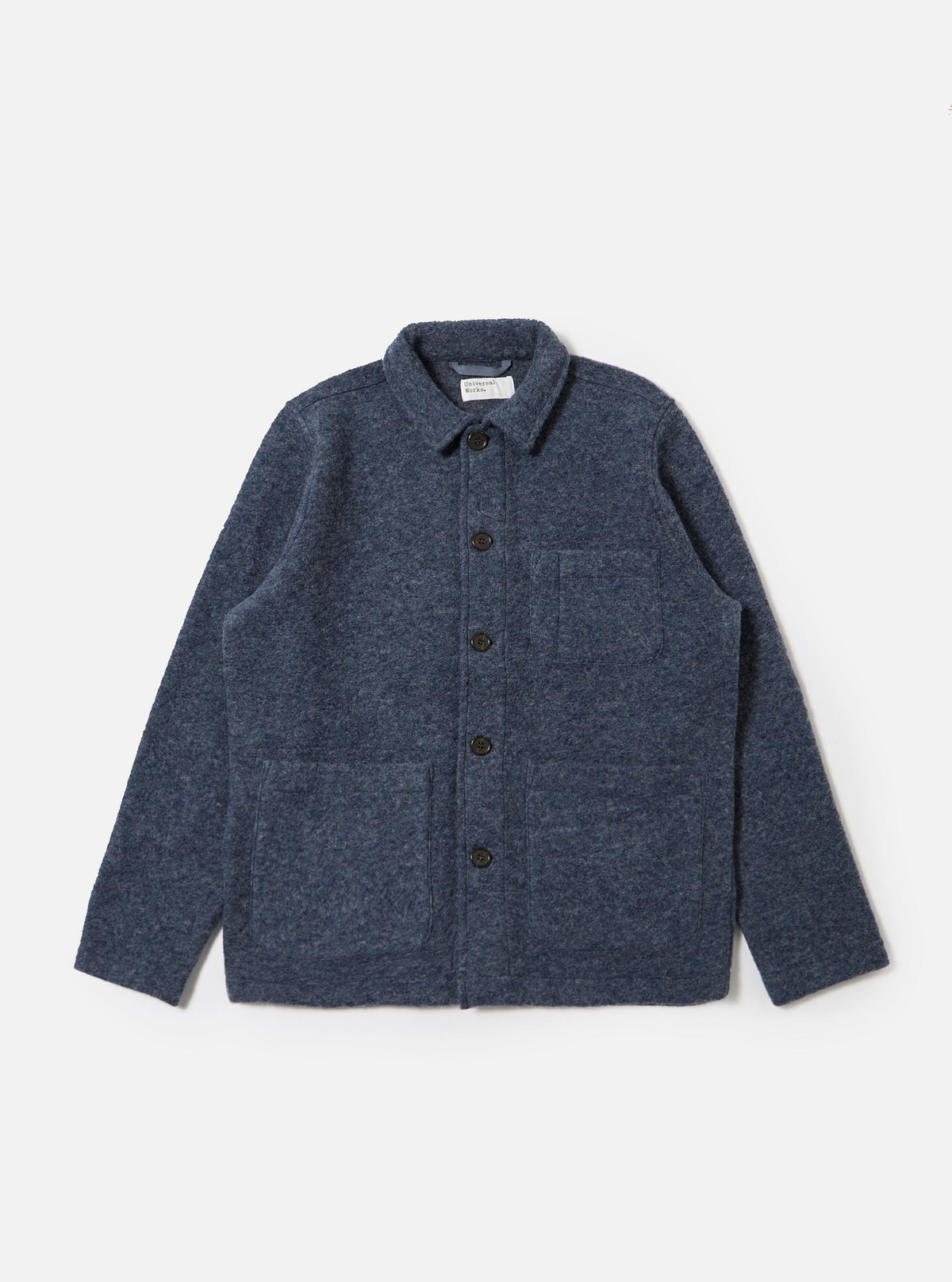 The slate blue wool fleece field jacket is laid flat on a white background. The jacket has a button up front and two large pockets.
