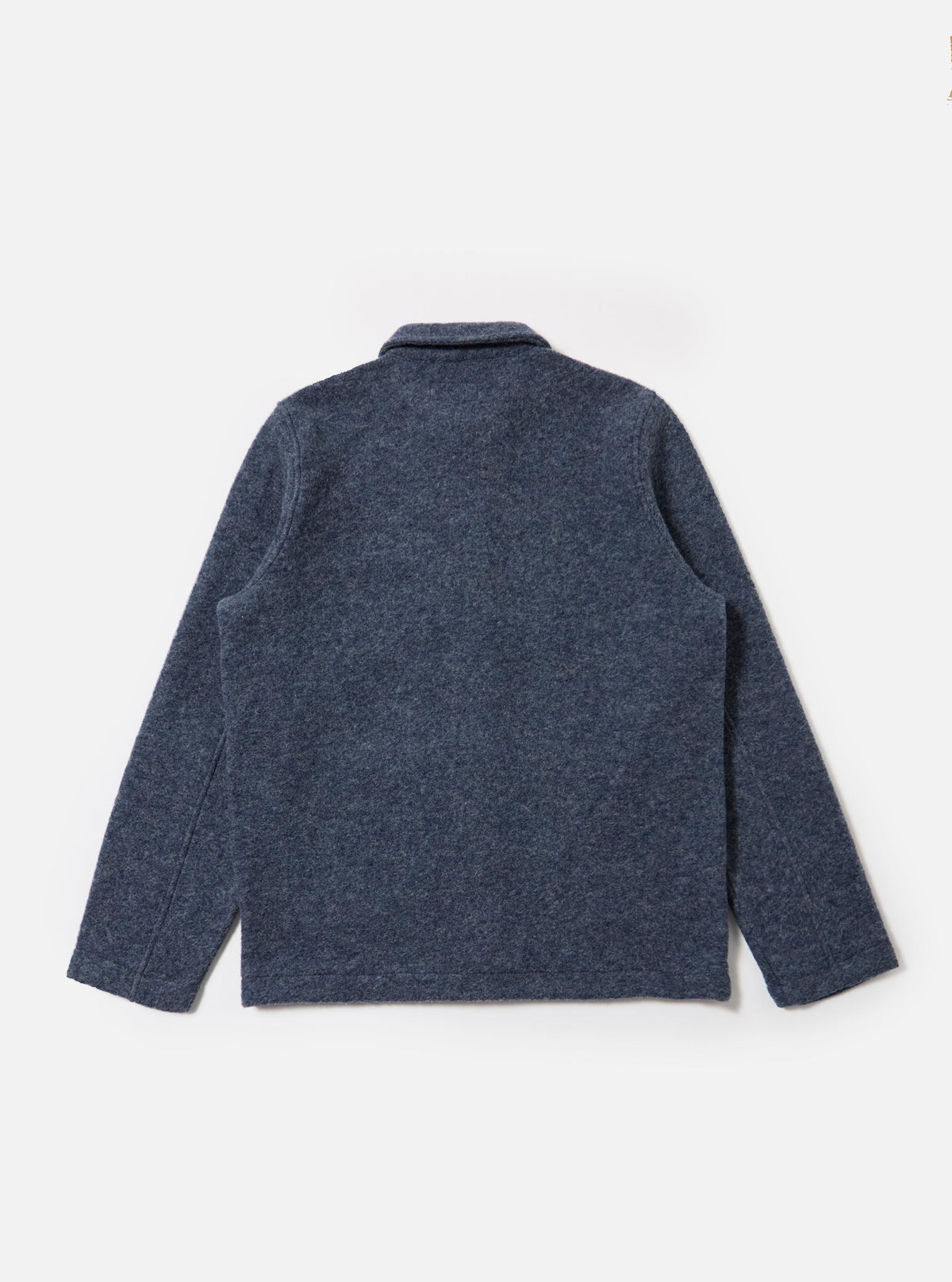 Back view of the slate blue wool fleece field jacket on a white background. The jacket has a relaxed fit and a classic design.