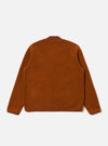 The back of a Rust Wool Fleece Zip Bomber jacket. The rust-colored wool jacket is on a white background. The collar and cuffs are a darker shade of rust.