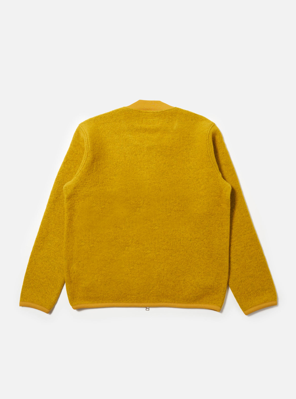Back view of the Yellow Wool Fleece Zip Bomber on a white background. The bomber is a vibrant yellow with a soft, textured wool fleece. Ribbed collar and cuffs add detail.