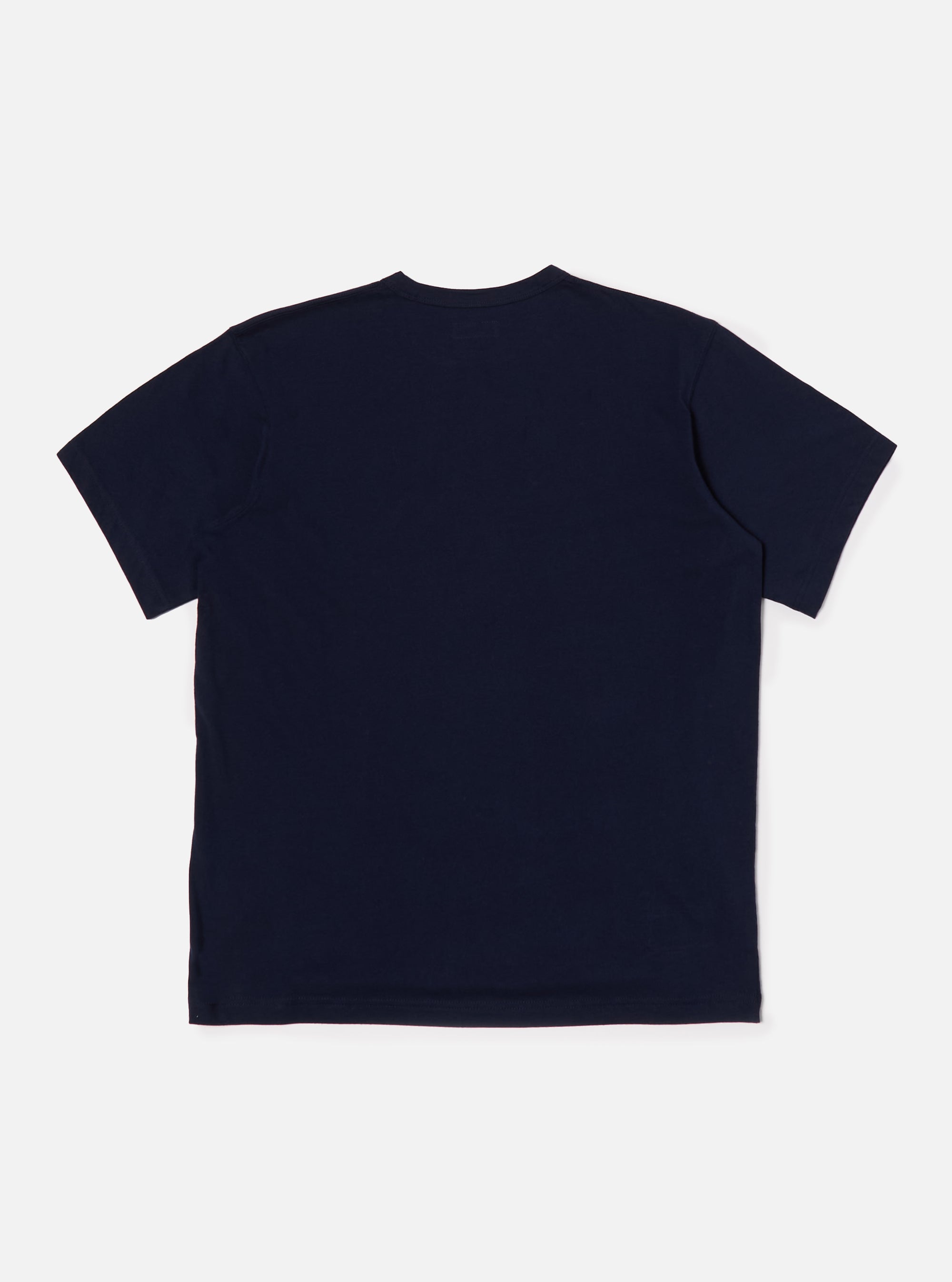 Back view of the Navy Single Jersey Core Tee, a short-sleeved, crewneck t-shirt in navy blue, laid flat on a white background.