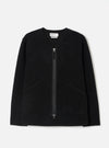 Front view of the Black Wool Fleece Zip Liner Jacket displayed flat against a plain white background. The deep black wool fleece fabric, full-length front zipper, collarless neck, and patch pockets are clearly highlighted.