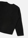 Rear view of the Black Wool Fleece Zip Liner Jacket presented flat against a white background. The image showcases the clean back construction, soft black wool fleece material, neatly finished hem, and binding details.