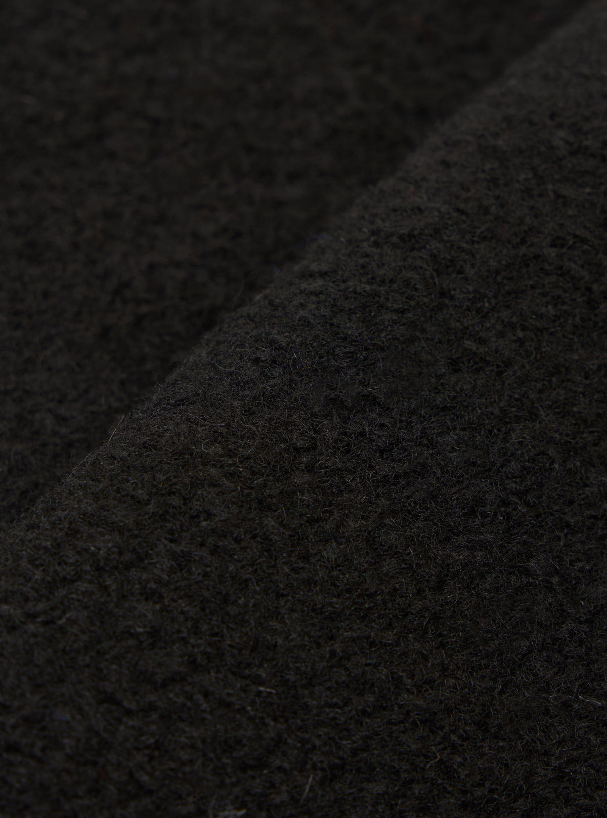 Extreme close-up fabric swatch image showcasing the texture of the Black Wool Fleece Zip Liner Jacket. The detailed shot highlights the deep black tone, soft fibers, and cozy tactile feel of the wool fleece material.