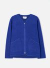 Front view of the Blue Wool Fleece Zip Liner Jacket displayed flat against a plain white background. The bright blue wool fleece fabric, central zip closure, collarless neck, and functional front pockets are shown.