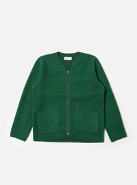 The Green Wool Fleece Zip Liner Jacket is displayed on a white background. The jacket is a vibrant green with a full zip and two front pockets.