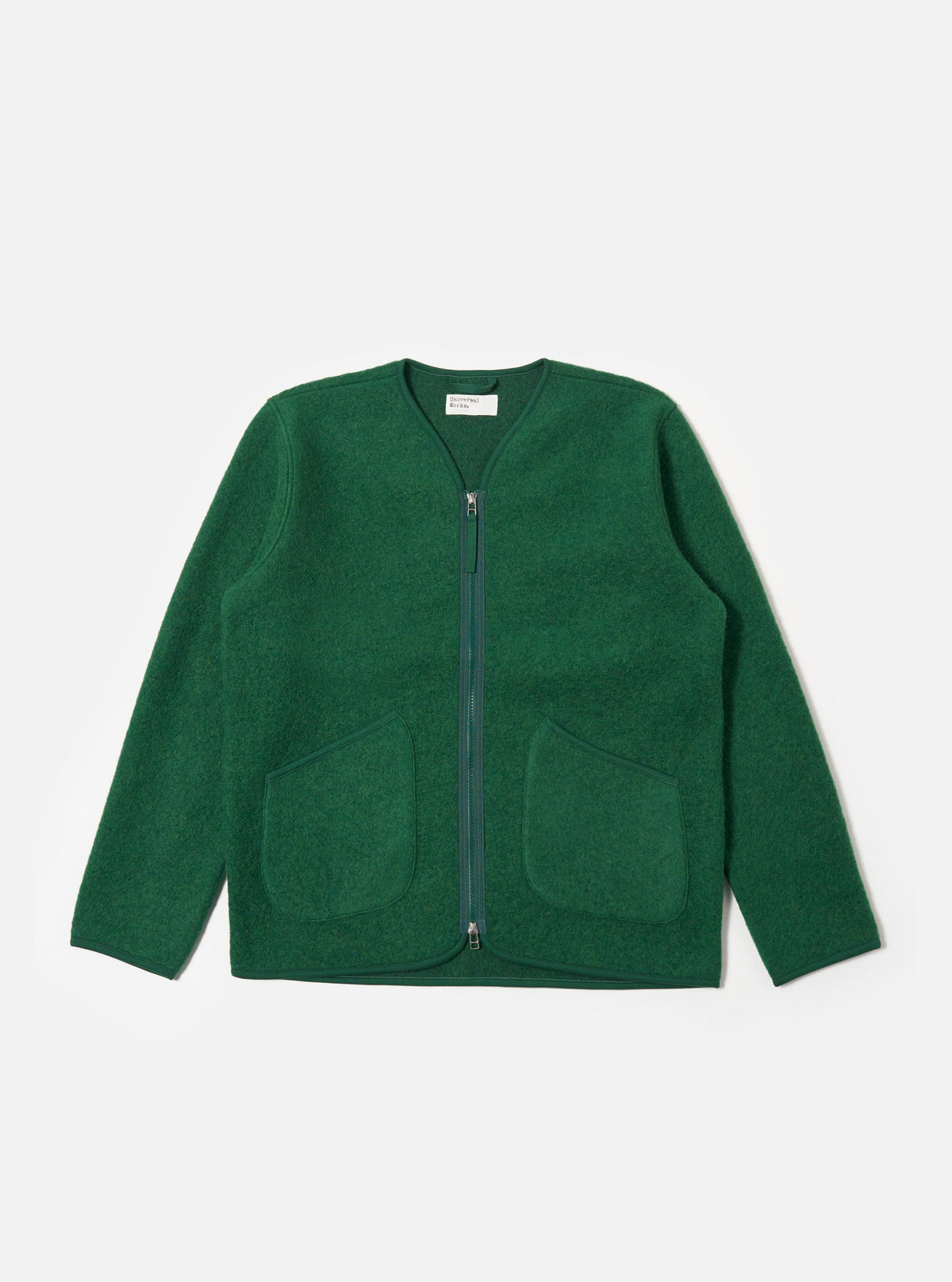 The Green Wool Fleece Zip Liner Jacket is displayed on a white background. The jacket is a vibrant green with a full zip and two front pockets.