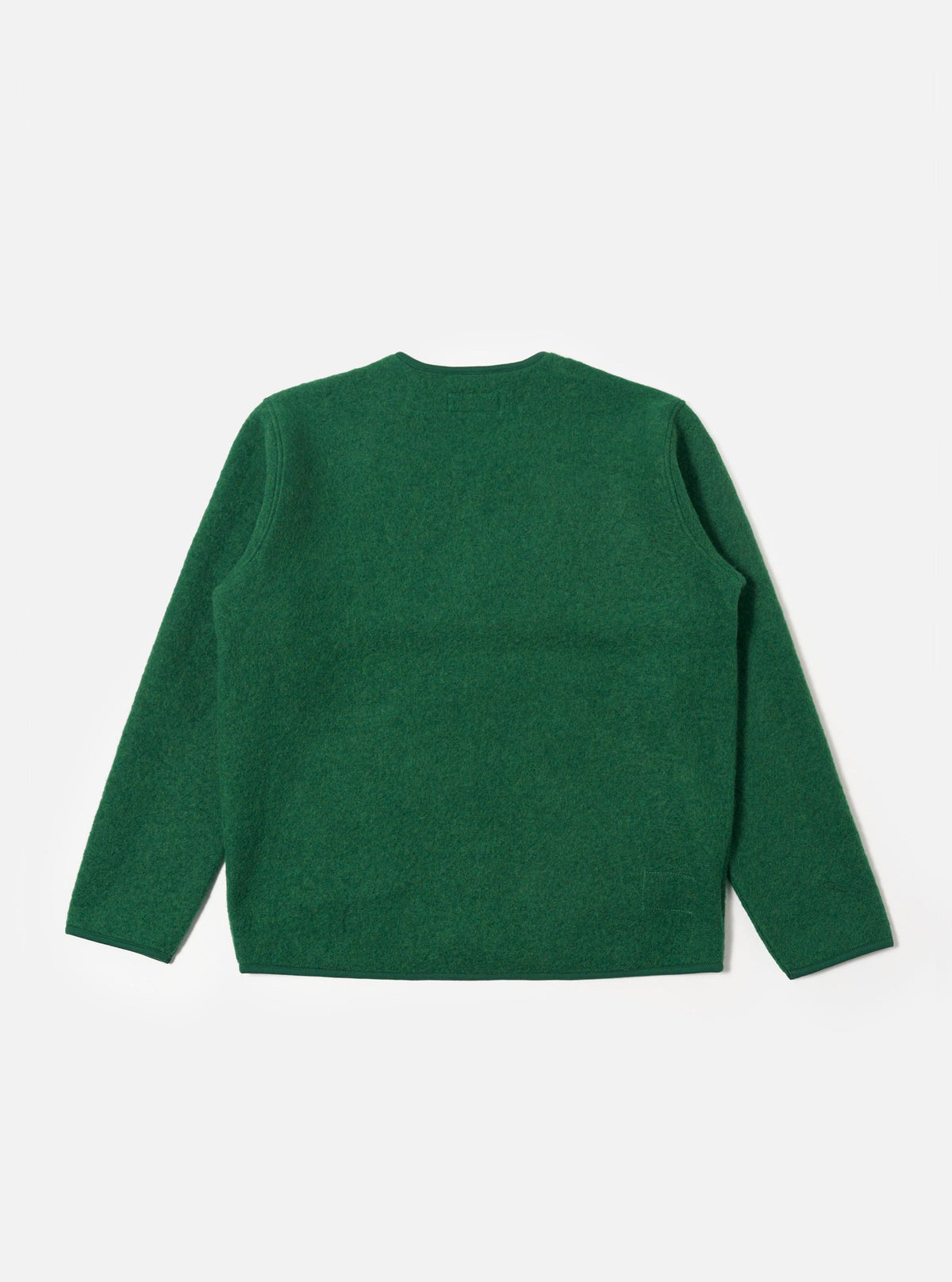 Back view of the Green Wool Fleece Zip Liner Jacket on a white background. The jacket is a vibrant green and appears soft and warm.