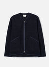 Front view of the Navy Wool Fleece Zip Liner Jacket displayed flat against a plain white background. The deep navy blue wool fleece fabric, full front zipper, collarless design, and lower pockets are featured.