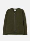 Front view of the Olive Wool Fleece Zip Liner Jacket displayed flat against a plain white background. Shows the full zipper front closure, rounded neckline, two waist pockets, and rich olive green wool fleece material clearly.