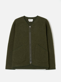 Front view of the Olive Wool Fleece Zip Liner Jacket displayed flat against a plain white background. Shows the full zipper front closure, rounded neckline, two waist pockets, and rich olive green wool fleece material clearly.