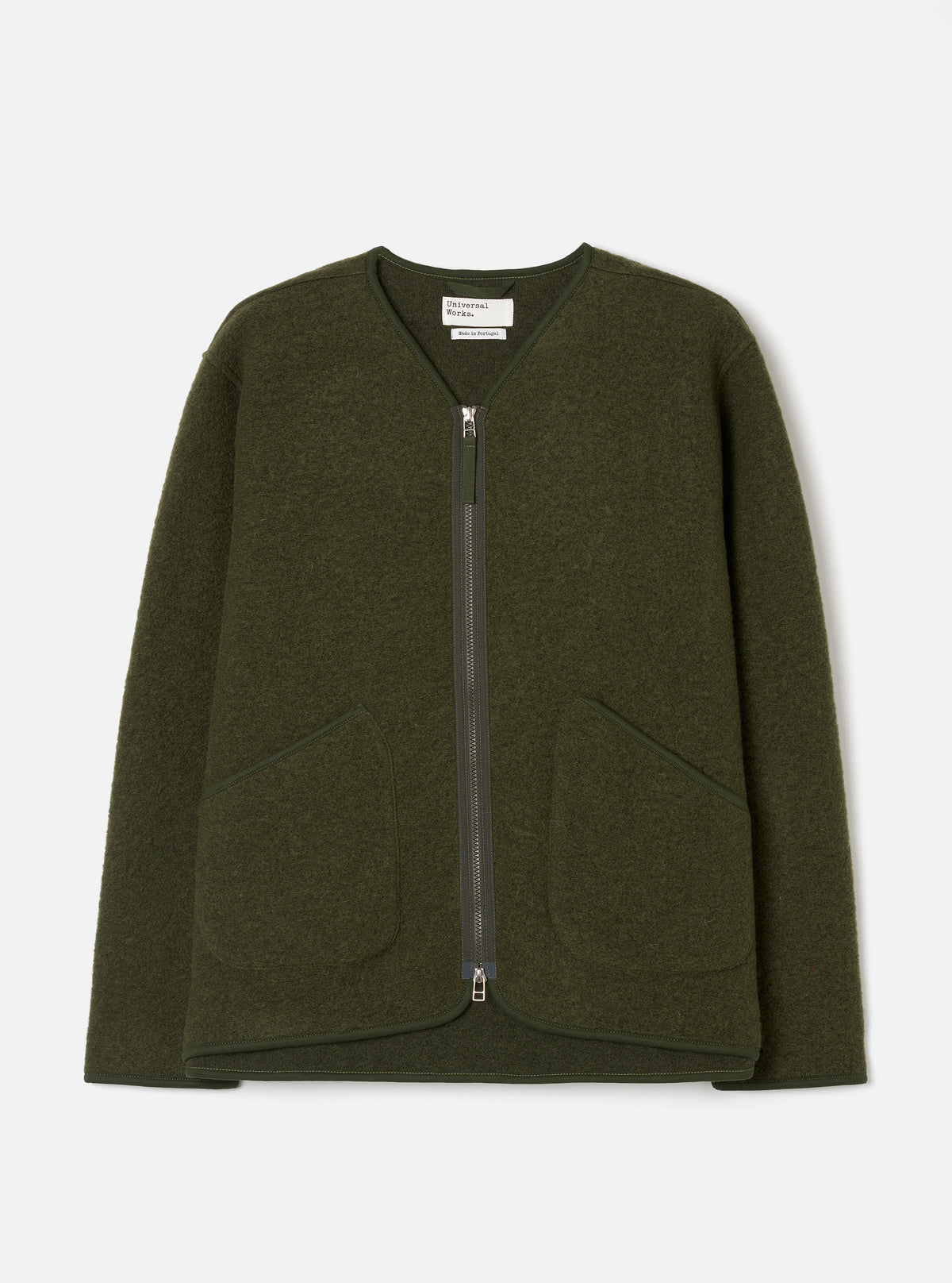 Front view of the Olive Wool Fleece Zip Liner Jacket displayed flat against a plain white background. Shows the full zipper front closure, rounded neckline, two waist pockets, and rich olive green wool fleece material clearly.