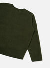 Rear view of the Olive Wool Fleece Zip Liner Jacket presented against a clean white background. Highlights the full back construction, simple hem, and soft olive green wool fleece texture across the upper and lower back panel.