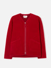 Front view of the Scarlet Wool Fleece Zip Liner Jacket set against a plain white backdrop. Highlights the vibrant red hue, central zip fastening, binding trim along edges, and spacious patch pockets on the front panel.