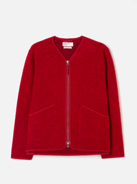 Front view of the Scarlet Wool Fleece Zip Liner Jacket set against a plain white backdrop. Highlights the vibrant red hue, central zip fastening, binding trim along edges, and spacious patch pockets on the front panel.