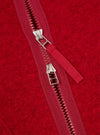 Close-up detail shot of the Scarlet Wool Fleece Zip Liner Jacket on a plain background. Focuses on the front zip hardware, bound collar, and plush, warm scarlet red wool fleece texture of the fleece material up close.