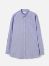 Front view of the Blue Oxford Daybrook Shirt displayed flat against a plain white background. The long-sleeve cotton shirt features a button-down collar, full button placket, chest pocket, and classic tailored hemline.