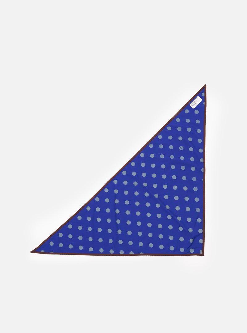Front view of the Blue Bold Dot Print Rayon Scout Scarf displayed against a plain background. The scarf showcases its bold white polka dot pattern across a rich navy blue rayon fabric with finished edges.