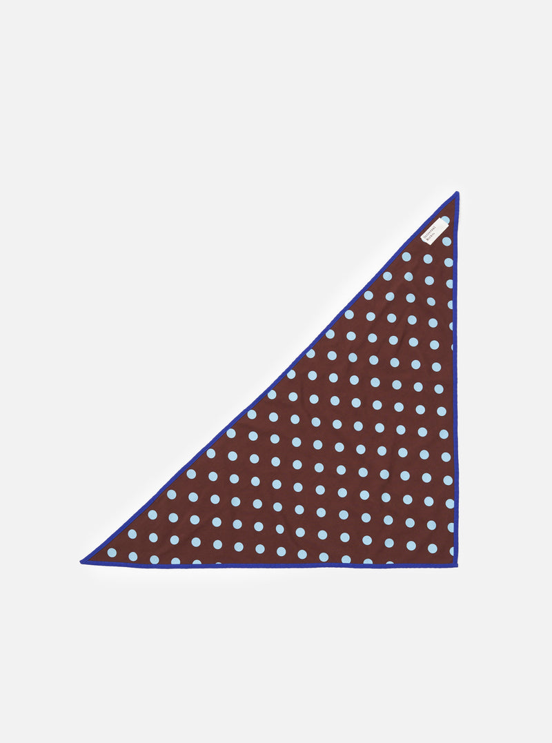 Front view of the Brown Bold Dot Print Rayon Scout Scarf laid out against a plain background. The design features a warm brown rayon base decorated with a repeating pattern of bold, contrasting polka dots.