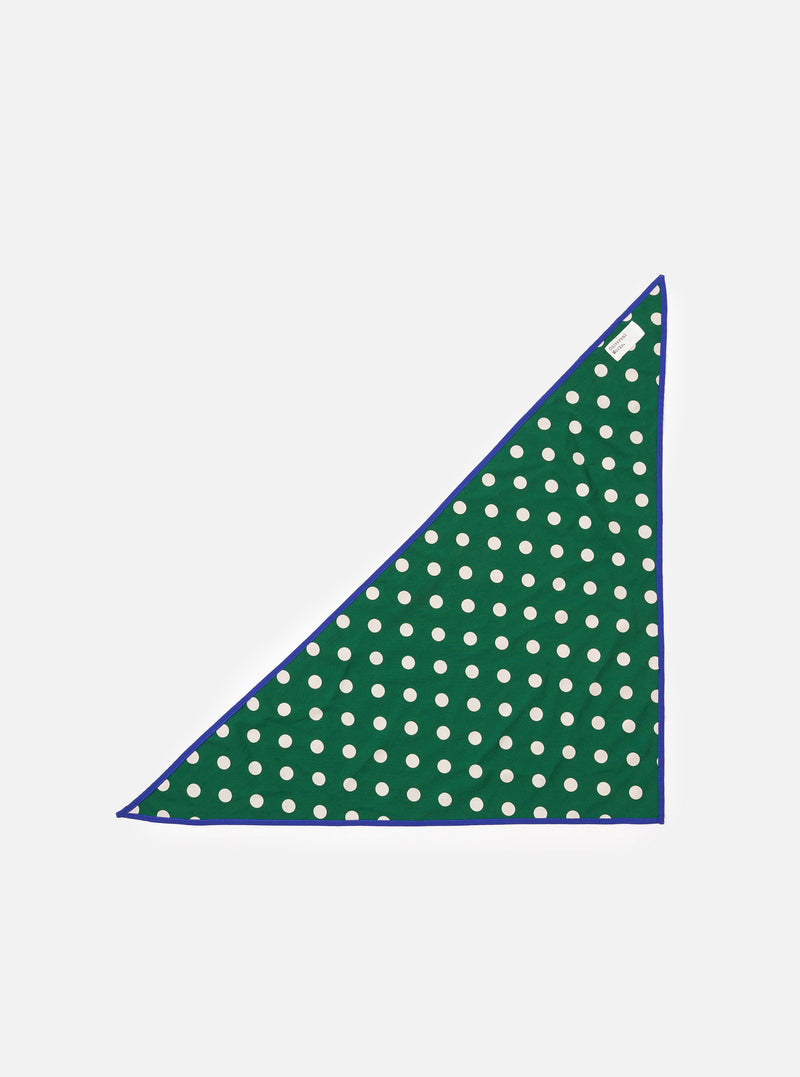 Front view of the Forest Green Bold Dot Print Rayon Scout Scarf on a clean white background. The scarf features a deep forest green rayon base accented by a striking, large-scale polka dot pattern throughout.