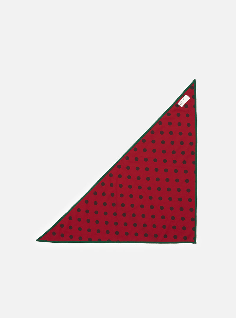 Front view of the Red/Black Bold Dot Print Rayon Scout Scarf displayed on a plain white background. Features a vibrant red rayon fabric adorned with a bold, high-contrast black polka dot pattern across the surface.
