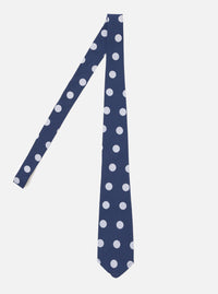 The Navy Bold Dot Print Rayon Tie is displayed on a white background. The tie is navy with white dots. The tie is made of rayon.
