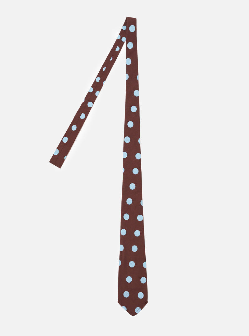 The Brown Bold Dot Print Rayon Tie is shown as a flat lay against a white background. The tie features an all-over pattern of large, cream-colored polka dots on a dark brown base. The fabric has a smooth finish, and the image highlights the classic pointed tip and construction of the necktie.