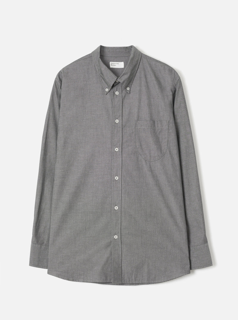 Front view of the Black Prince Chambray Daybrook Shirt laid flat against a plain white background. Highlights the black textured chambray cotton fabric, classic collar, button-up front, and single chest pocket.
