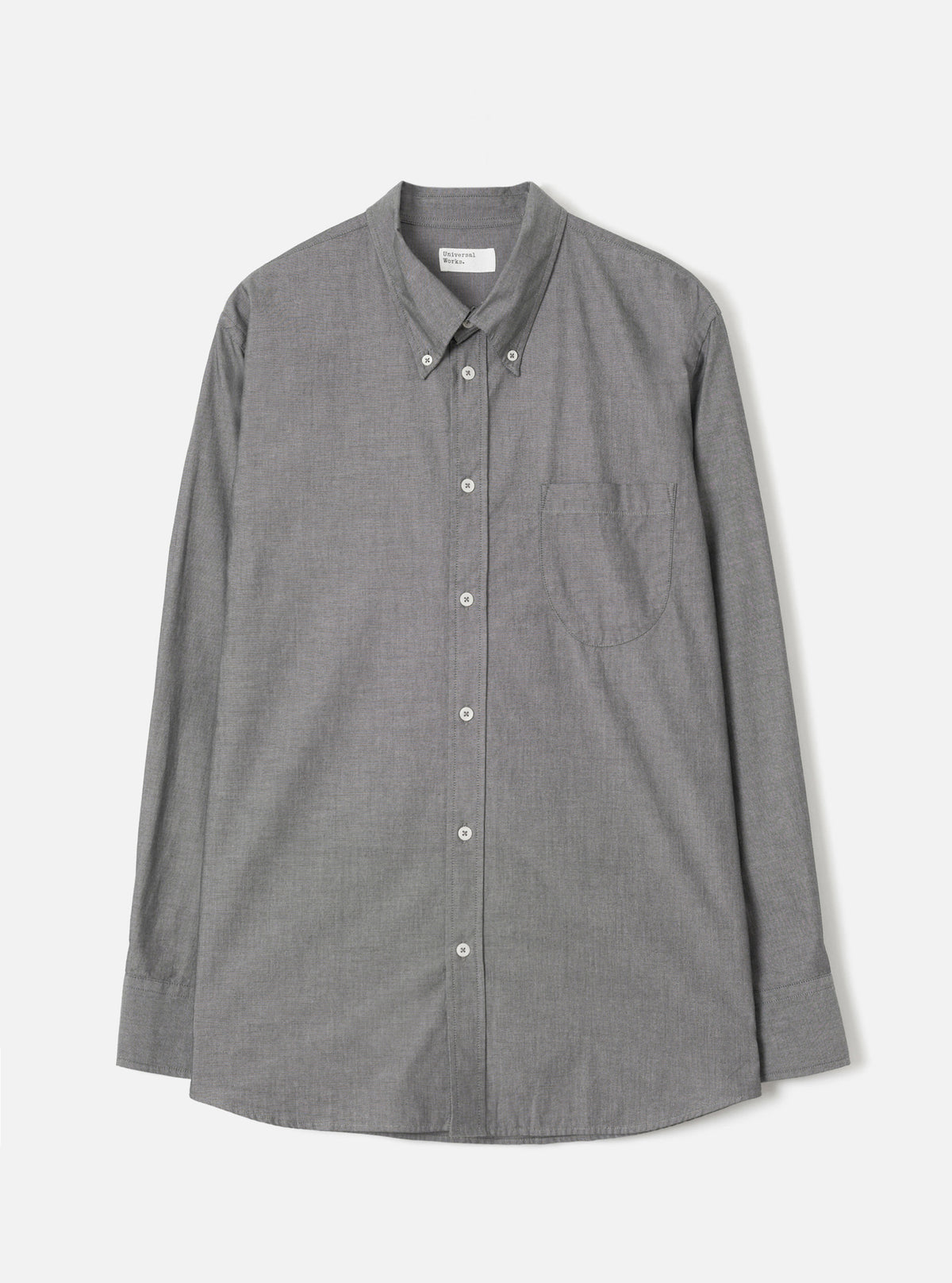Front view of the Black Prince Chambray Daybrook Shirt laid flat against a plain white background. Highlights the black textured chambray cotton fabric, classic collar, button-up front, and single chest pocket.