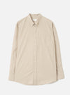 Front view of the Sand Prince Chambray Daybrook Shirt laid flat on a plain light grey studio backdrop. Prominent features include a pointed collar, a full-length button placket, a single chest patch pocket, and long sleeves with button cuffs.