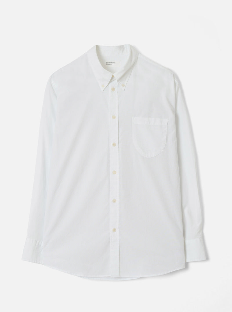 Front view of the White Prince Chambray Daybrook Shirt displayed flat against a clean white studio background. The light cotton chambray fabric, button-down collar, chest pocket, and full front button closure are prominently featured.