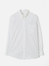 Front view of the White Prince Chambray Daybrook Shirt displayed flat against a clean white studio background. The light cotton chambray fabric, button-down collar, chest pocket, and full front button closure are prominently featured.
