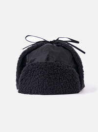 Close-up of the cableami® Black Military Nylon Twill Boa Aviator hat on a white background. The hat features black nylon and boa trim with tie strings.