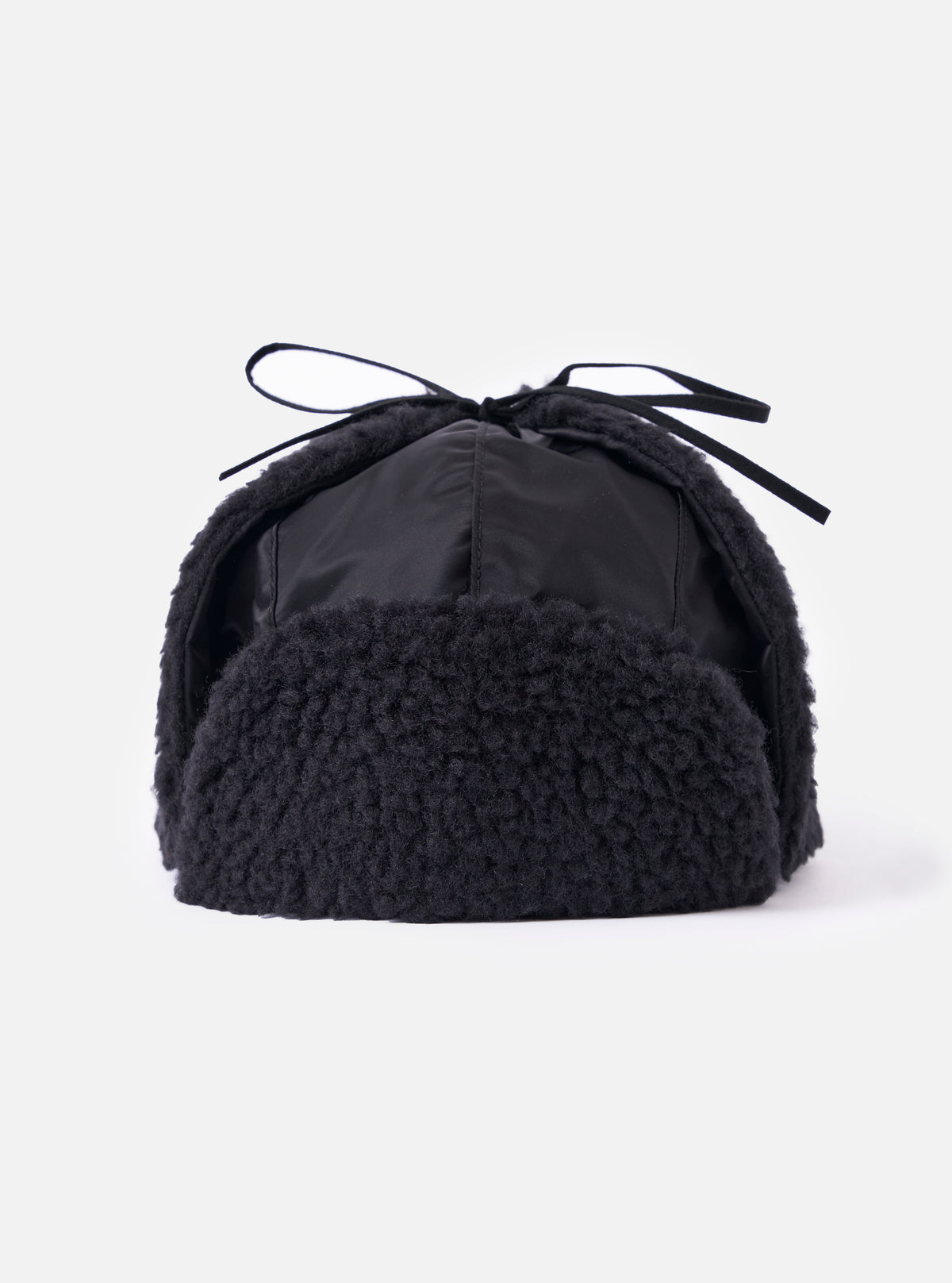 Close-up of the cableami® Black Military Nylon Twill Boa Aviator hat on a white background. The hat features black nylon and boa trim with tie strings.