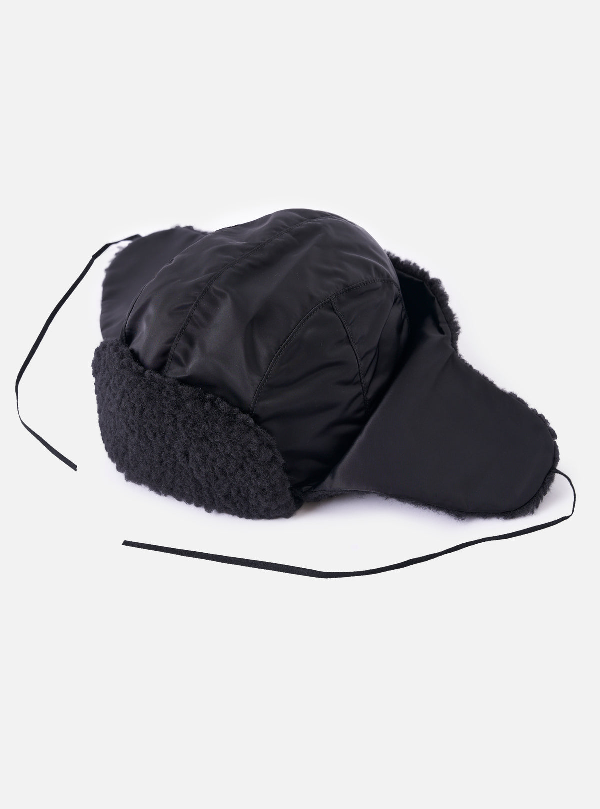 cableami® Black Military Nylon Twill Boa Aviator hat on a white background. The hat is black nylon with boa trim and ear flaps with ties.