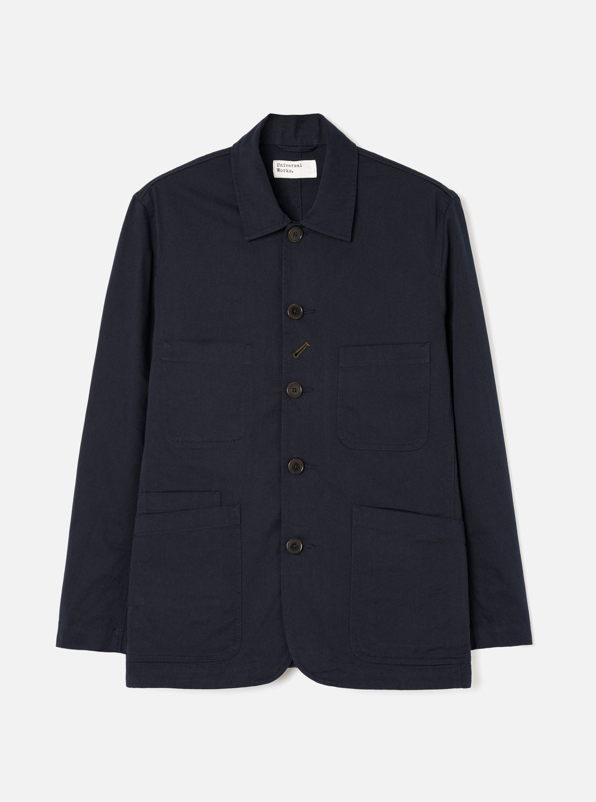 Front view of the Navy Twill Bakers Chore Jacket presented flat against a plain white background. Shows five button closures, chest patch pocket, and two front waist pockets in dark navy blue twill fabric.