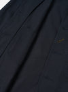 Close-up detail shot of the Navy Twill Bakers Chore Jacket against a plain white background. Focuses on the button placket, signature diagonal buttonhole, collar, and chest pocket on dark navy twill.