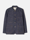 Front view of the Indigo 13oz Selvedge Denim Bakers Chore Jacket against a plain white background. Shows the button front, classic collar, patch chest pocket, and two lower utility pockets.