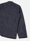 Rear view of the Indigo 13oz Selvedge Denim Bakers Chore Jacket displayed against a plain background, showing the back paneling, shoulder seams, neat hemline, and deep indigo denim fabric.