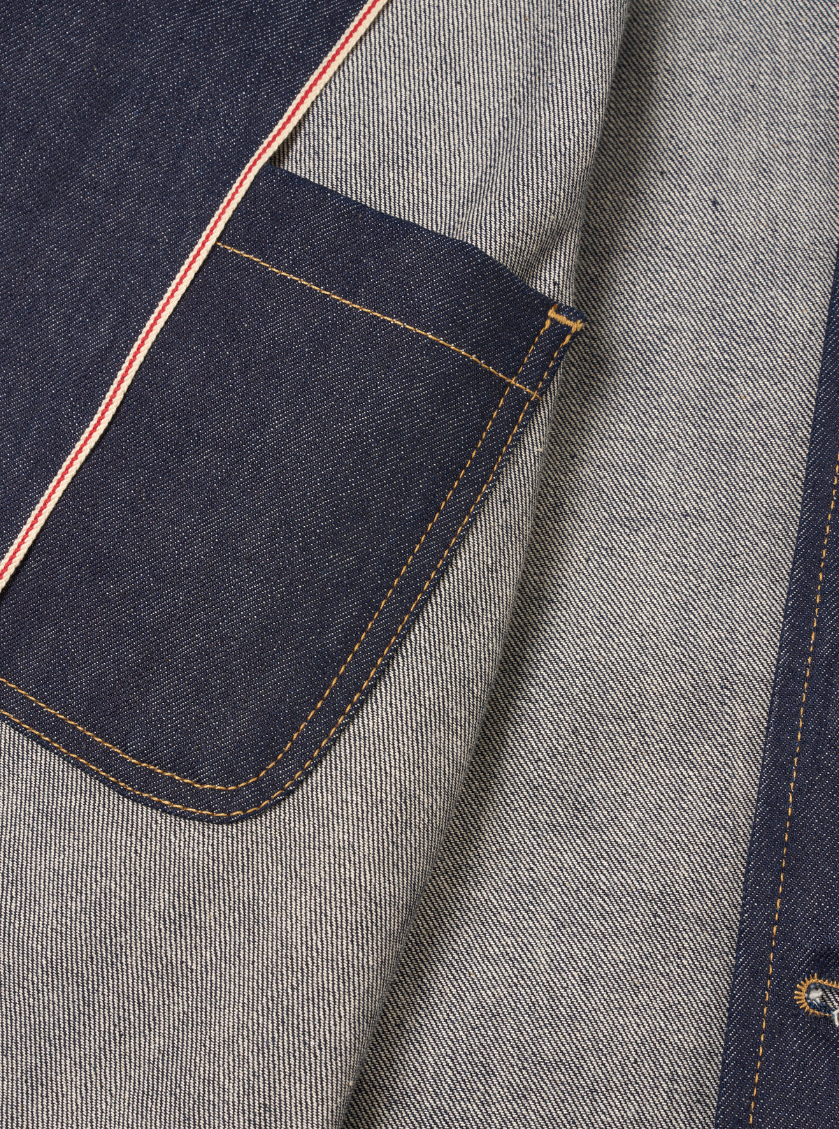 Close-up detail view of the Indigo 13oz Selvedge Denim Bakers Chore Jacket on a neutral background, highlighting the contrast stitching, front button placket, collar, and chest pocket detail.