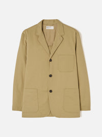 Front view of the Sand Twill Three Button Jacket set against a plain white studio background, showcasing its warm beige tone, three-button closure, lapels, and patch pockets.