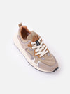 The Flower Mountain Light Brown Suede/Nylon Rulis Uni is shown from the rear three-quarter angle as a flat lay against a white background. The image highlights the light brown suede and technical nylon upper, the webbing back pull tab, and the notched edge rubber gum sole.