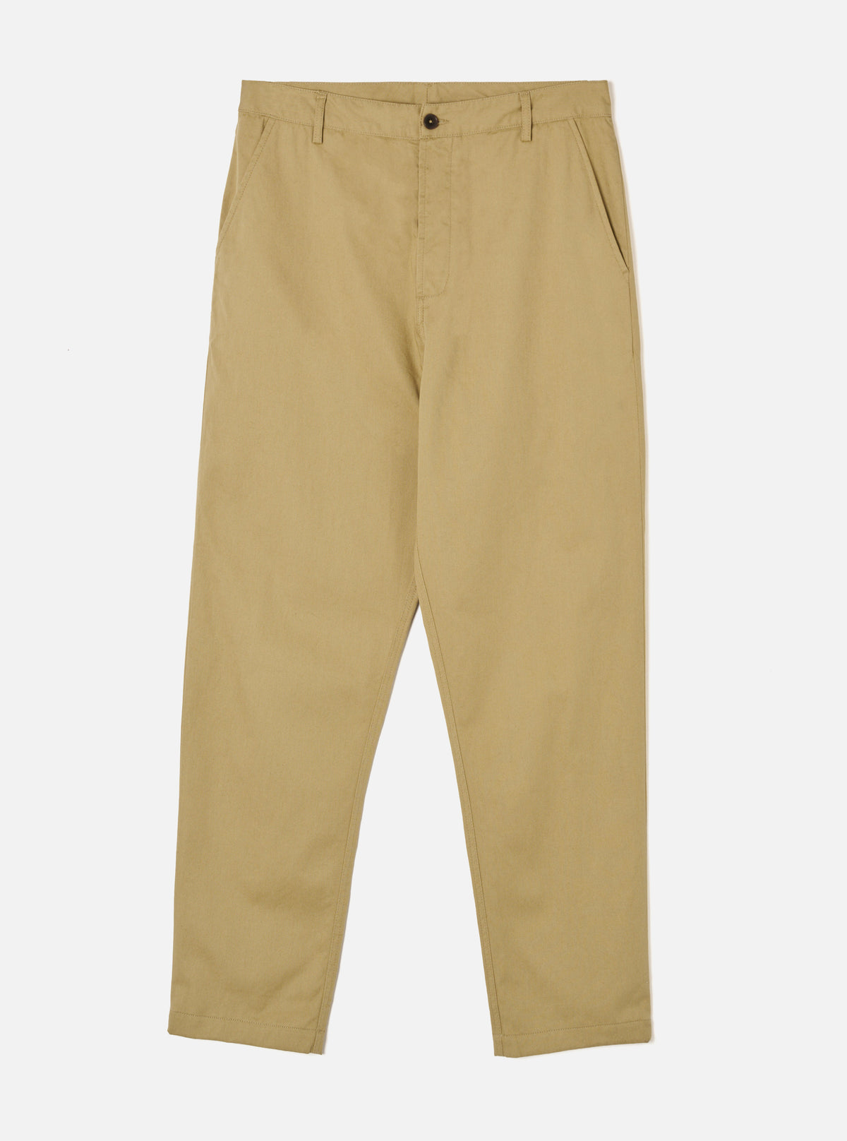 Front shot of the Sand Twill Military Chino presented on a plain white backdrop. The light sand-coloured cotton trousers display a classic mid-rise waist with button fly, side slant pockets, and a tapered silhouette through the legs.
