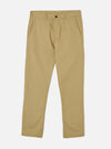 Front view of the Sand Twill Aston Pant laid flat on a clean white background. Shows the light tan colorway, slim straight-leg silhouette, structured waistband with belt loops, zip fly closure, and side pockets in durable twill fabric.