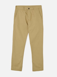 Front view of the Sand Twill Aston Pant laid flat on a clean white background. Shows the light tan colorway, slim straight-leg silhouette, structured waistband with belt loops, zip fly closure, and side pockets in durable twill fabric.