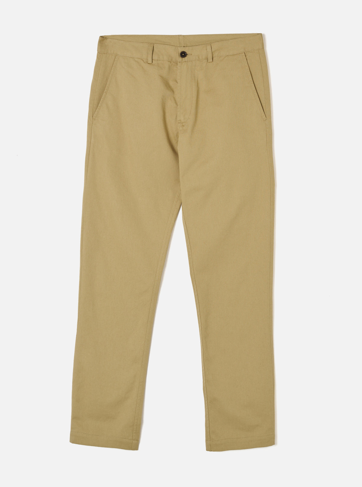 Front view of the Sand Twill Aston Pant laid flat on a clean white background. Shows the light tan colorway, slim straight-leg silhouette, structured waistband with belt loops, zip fly closure, and side pockets in durable twill fabric.