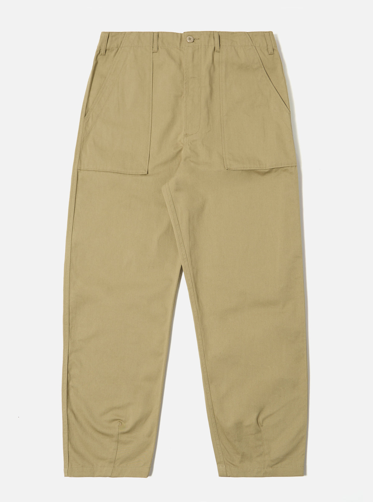 The Sand Twill Fatigue Pant, laid flat on a white background. These sand-colored pants feature a relaxed fit and durable twill fabric. Details include front patch pockets.