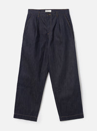 Full front view of the Indigo 13oz Selvedge Denim Duke Pant set against a neutral background. Prominent features include front waist pleats, side slit pockets, deep indigo dyed cotton fabric, and a modern relaxed wide leg profile.