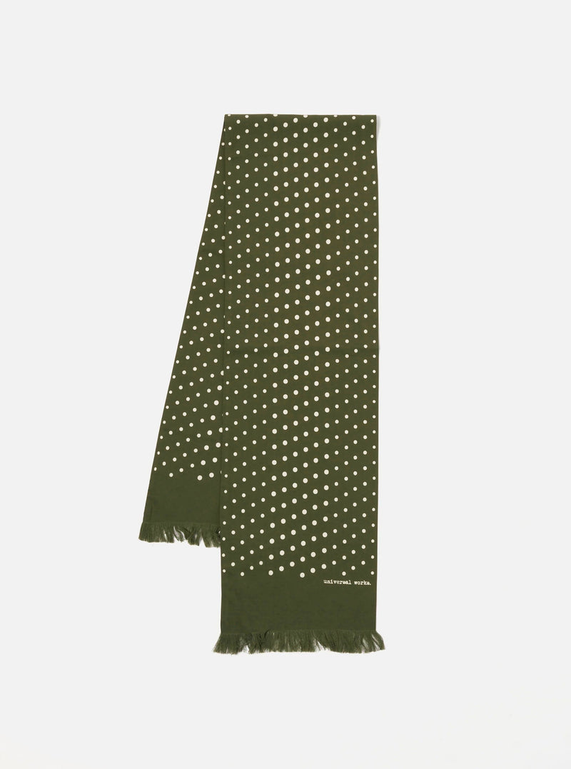 Olive Dot Print Short Scarf on a white background. The scarf is olive green with white dots and has a fringed edge.