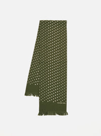 Olive Dot Print Short Scarf on a white background. The scarf is olive green with white dots and has a fringed edge.